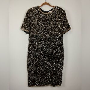 Papell Boutique Evening Black Gold Sequin Beads Dress 20 Vtg Circa 80s Trophy